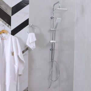 Milano Arda Square Shower Column Set - Chrome| 2 in 1 Multi Functional Rain Shower System | Stainless Steel Complete Shower Set For Bathroom - Head+Hand Shower, Soap Tray & Diverter | (38x37x105cm)